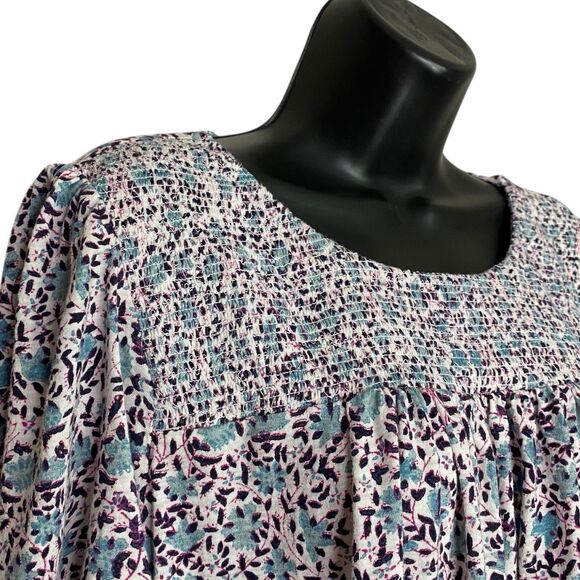 Lucky Brand Top Womens XL Short Sleeve Boho Peasant Floral Smocked Blue Pink - Picture 5 of 9
